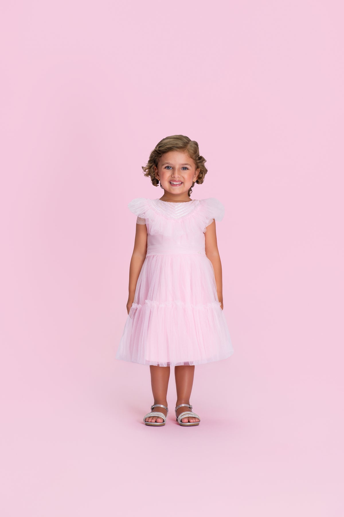 Vestido Infantil Gola Bordada Em Tule Rosa - Petit Cherie