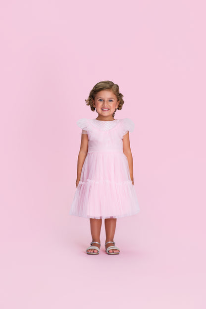 Vestido Infantil Gola Bordada Em Tule Rosa - Petit Cherie