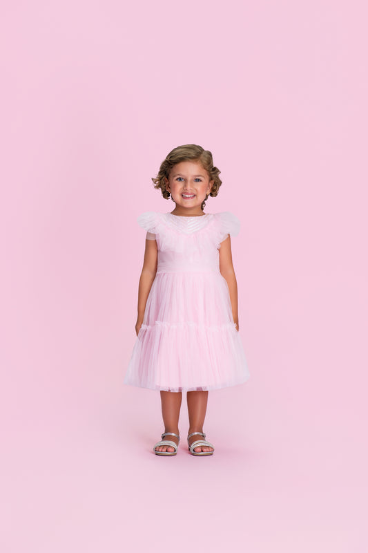 Vestido Infantil Gola Bordada Em Tule Rosa - Petit Cherie