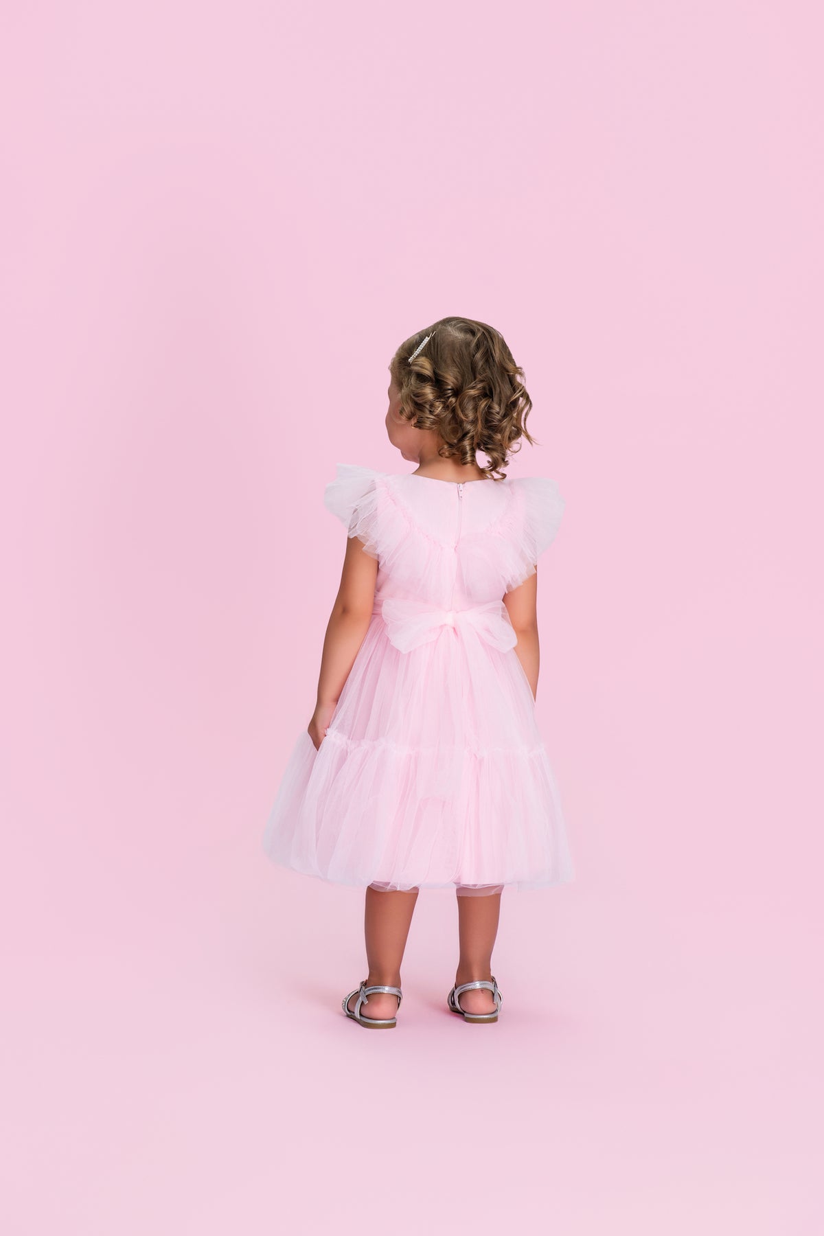 Vestido Infantil Gola Bordada Em Tule Rosa - Petit Cherie