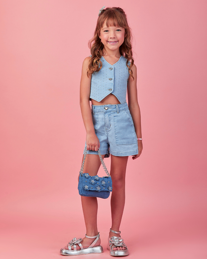 Conjunto Infantil Jeans Colete Brilho e Shorts - Gabriela Aquarela