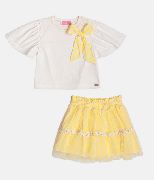 Conjunto Infantil Blusa Laço e Saia Listrada Com Aplicação de Flores - Momi