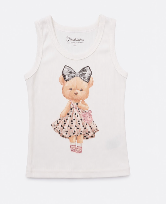 Conjunto Infantil Regata Ursinha Vestido de Poá e Calça Infantil Baggy Sarja Estampa Poá Bolsos Com Laços - Pituchinhus