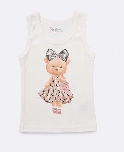 Conjunto Infantil Regata Ursinha Vestido de Poá e Calça Infantil Baggy Sarja Estampa Poá Bolsos Com Laços - Pituchinhus
