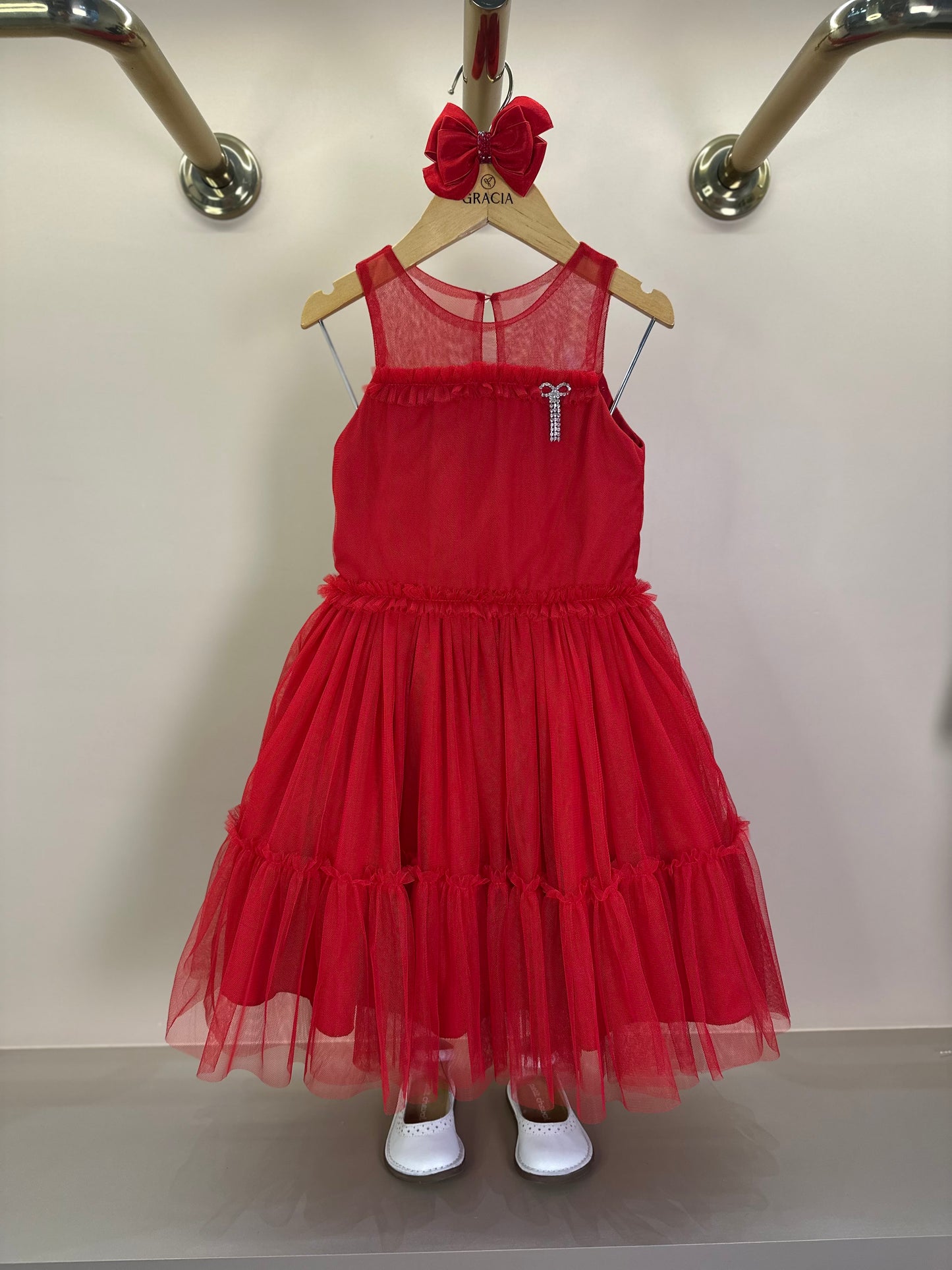 Vestido Infantil Tule Frufru Vermelho Laço Stress -Petit Cherie