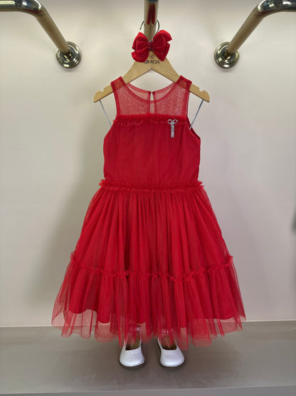 Vestido Infantil Tule Frufru Vermelho Laço Stress -Petit Cherie