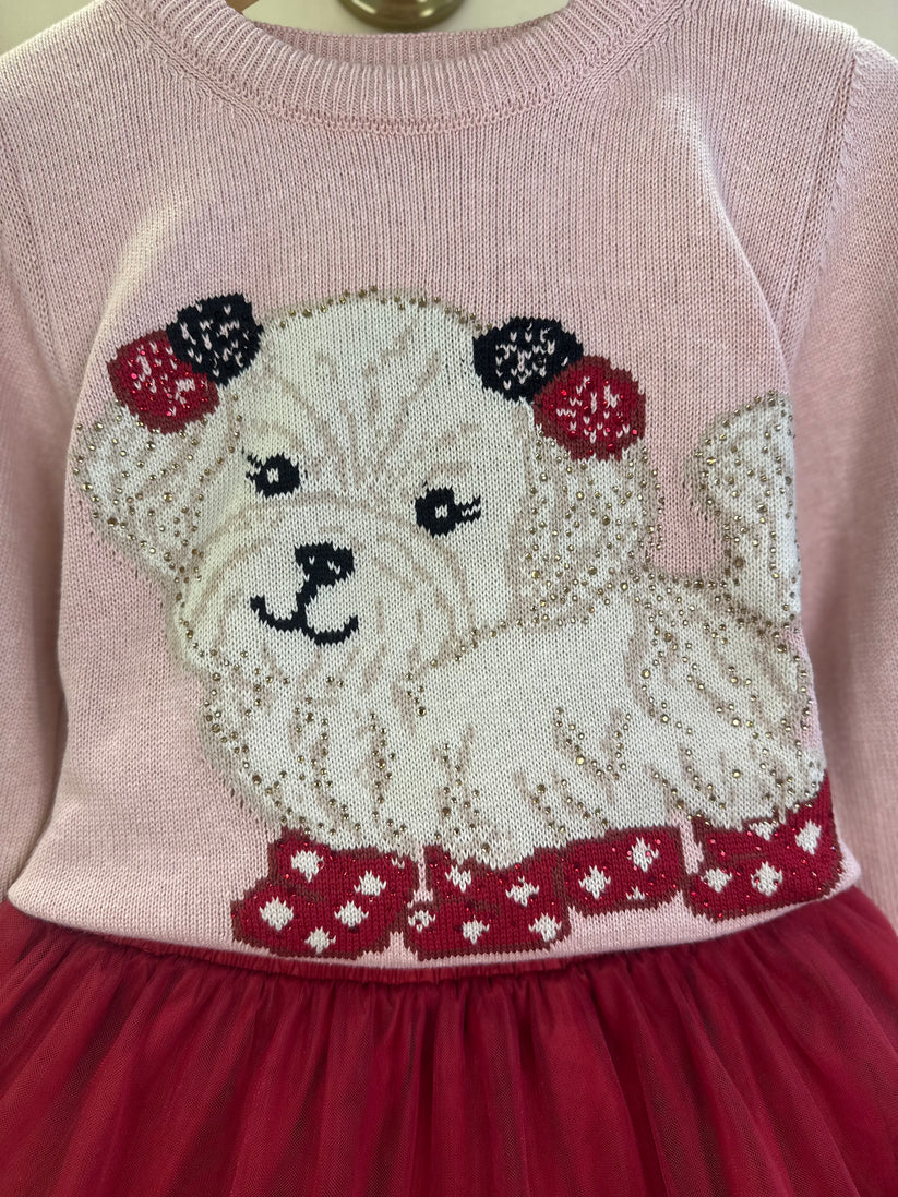 Blusa Infantil Tricot Cachorrinhos PomPom Cristais Rosa Dolce - Pituchinhus