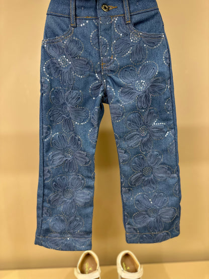 Conjunto Infantil Colete e Calça Jeans Bordada Tule Flores - Animê