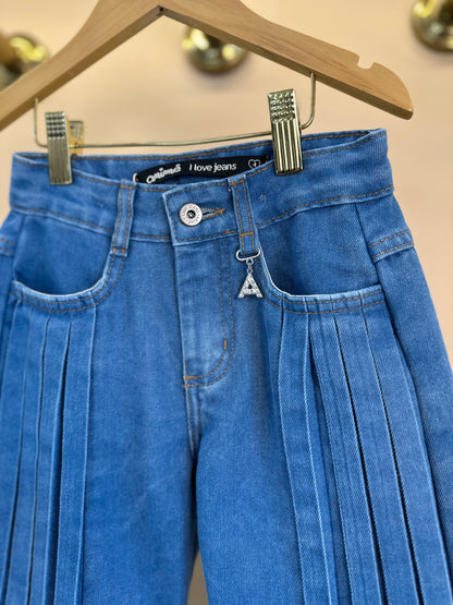 Conjunto Infantil Sobreposição Jeans, Blusa Manga Bufante e Calça Plissada - Animê
