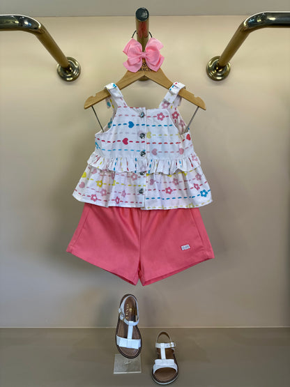 Conjunto Infantil Bata Estampada e Shorts Sarja Lycra Goiaba - Beabá