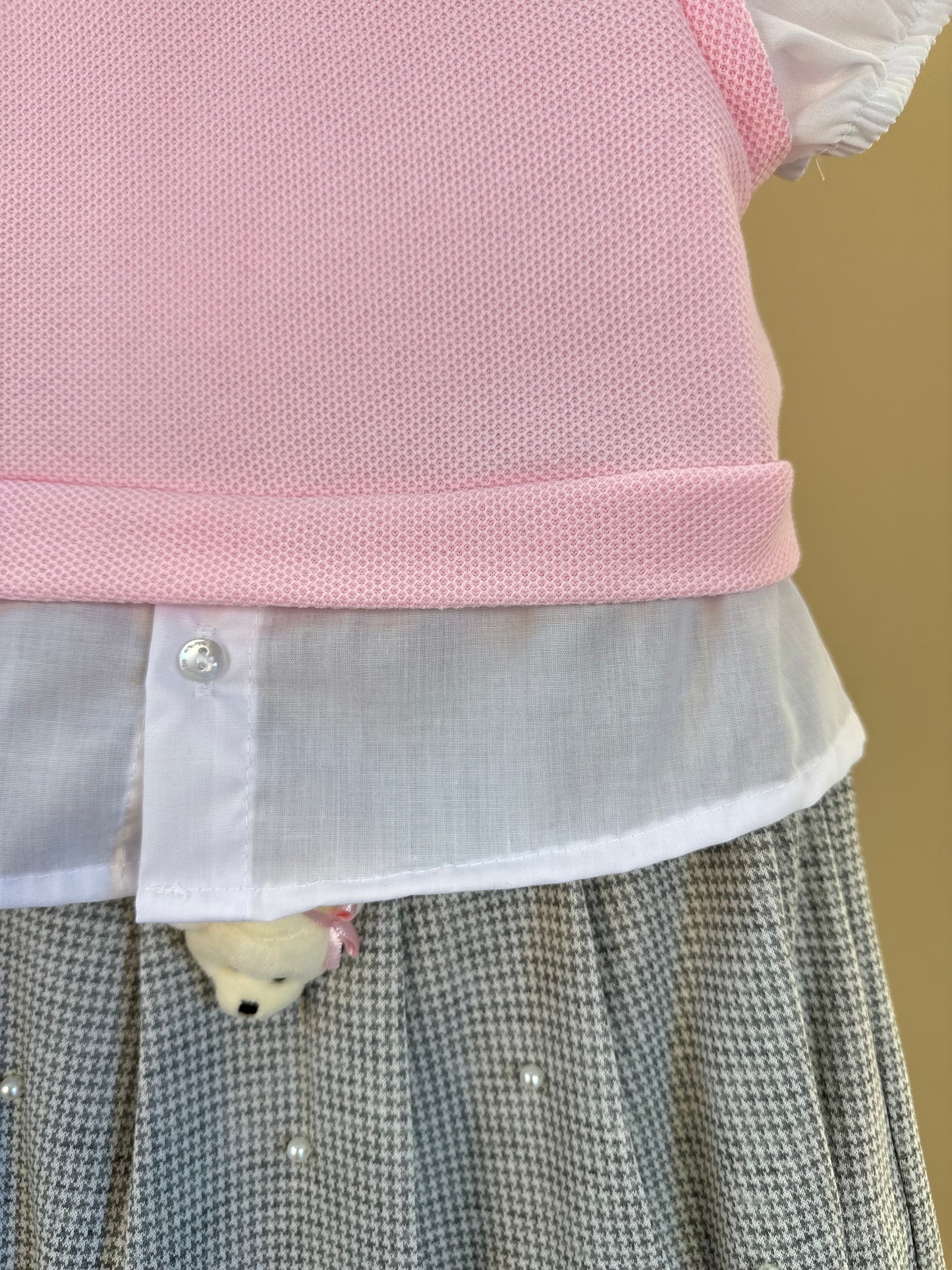 Conjunto Infantil Blusa MC com Tricot Rosa e Saia Pregas Ursinhos - Gabriela Aquarela