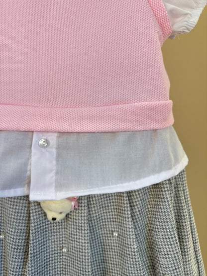 Conjunto Infantil Blusa MC com Tricot Rosa e Saia Pregas Ursinhos - Gabriela Aquarela