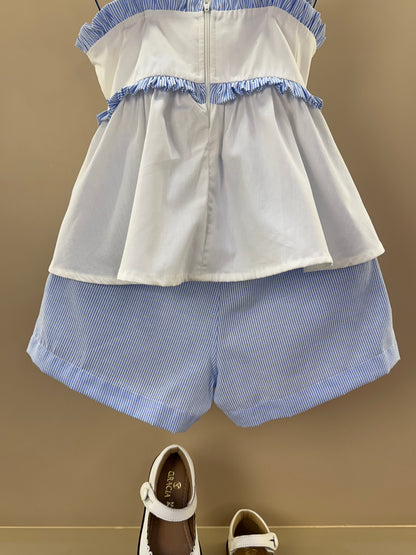 Conjunto Infantil Blusa Flor de Crochê e Shorts Alfaiataria Listrado - Luluzinha