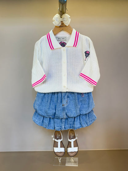 Conjunto Infantil Blusa Tricot Minnie Tennista e Saia Jeans Balonê - Animê