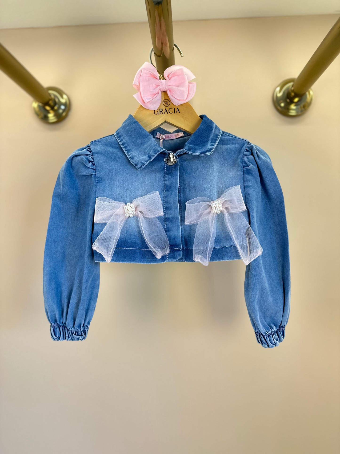 Vestido Infantil Tule Rosa Com Jaquetinha Jeans Laços - Gabriela Aquarela
