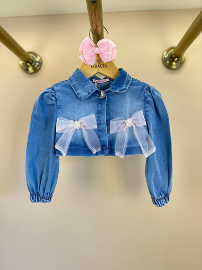 Vestido Infantil Tule Rosa Com Jaquetinha Jeans Laços - Gabriela Aquarela