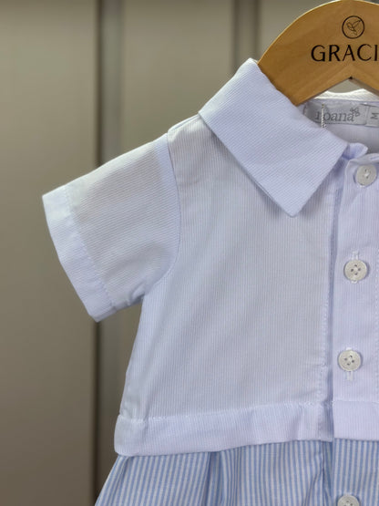 Macaquinho Bebê Botões & Bolso Branco com Listras Azul - Roana