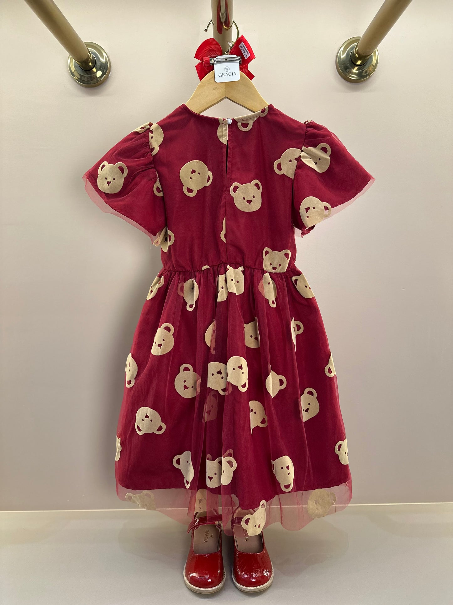 Vestido Infantil Tule Ursinhos Bordô - Momi