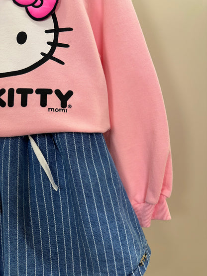 Conjunto Infantil Feminino Conjunto Infantil Casaco Moletom Hello Kitty Rosa Blossom com Saia Jeans Listrada Cós Duplo Branco - Momi