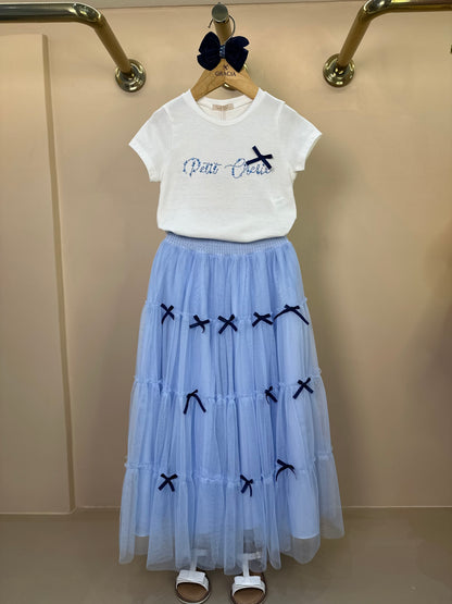 Conjunto Infantil Blusa Strass e Saia Longa Tule Azul Laços - Petit Cherie