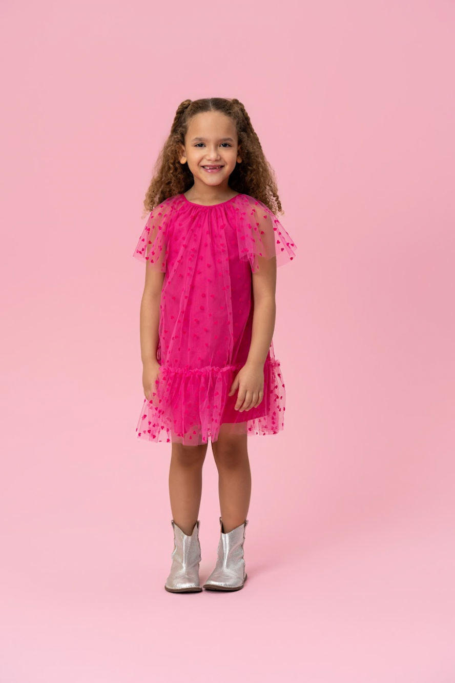 Vestido Infantil Trapézio Tule Corações Pink - Mon Sucré