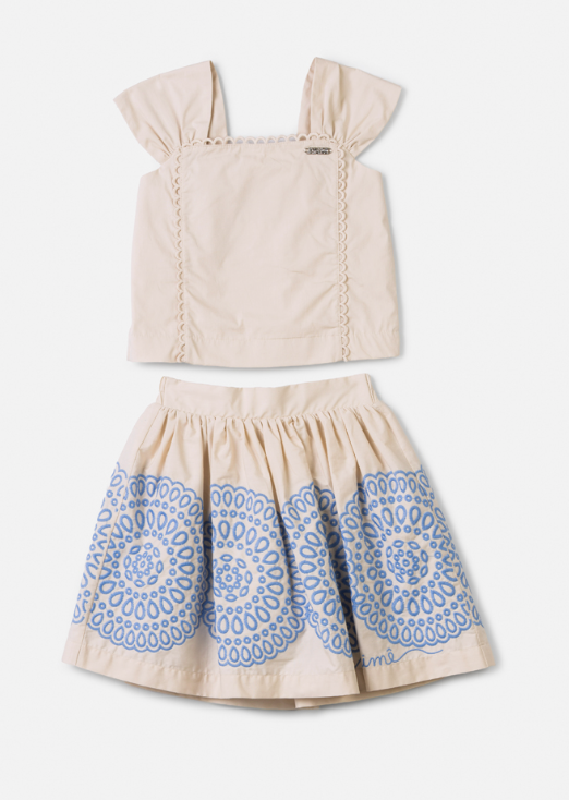 Conjunto Infantil Off White Bata Mangas Bufantes e Saia Detalhes Azul - Animê