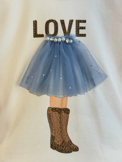 Conjunto Infantil Blusa Off White Love Tule e Legging Tricot Xadrez Azul - Pituchinhus