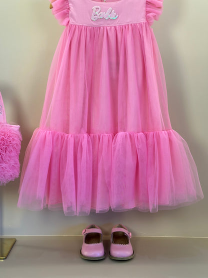 Vestido Infantil Tule Patche Barbie Rosa Ópera - Pituchinhus
