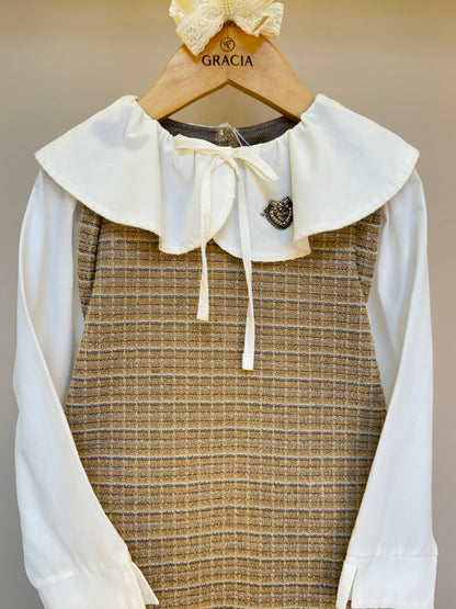Vestido Infantil no Tweed com Casaco Tweed Bege - Animê