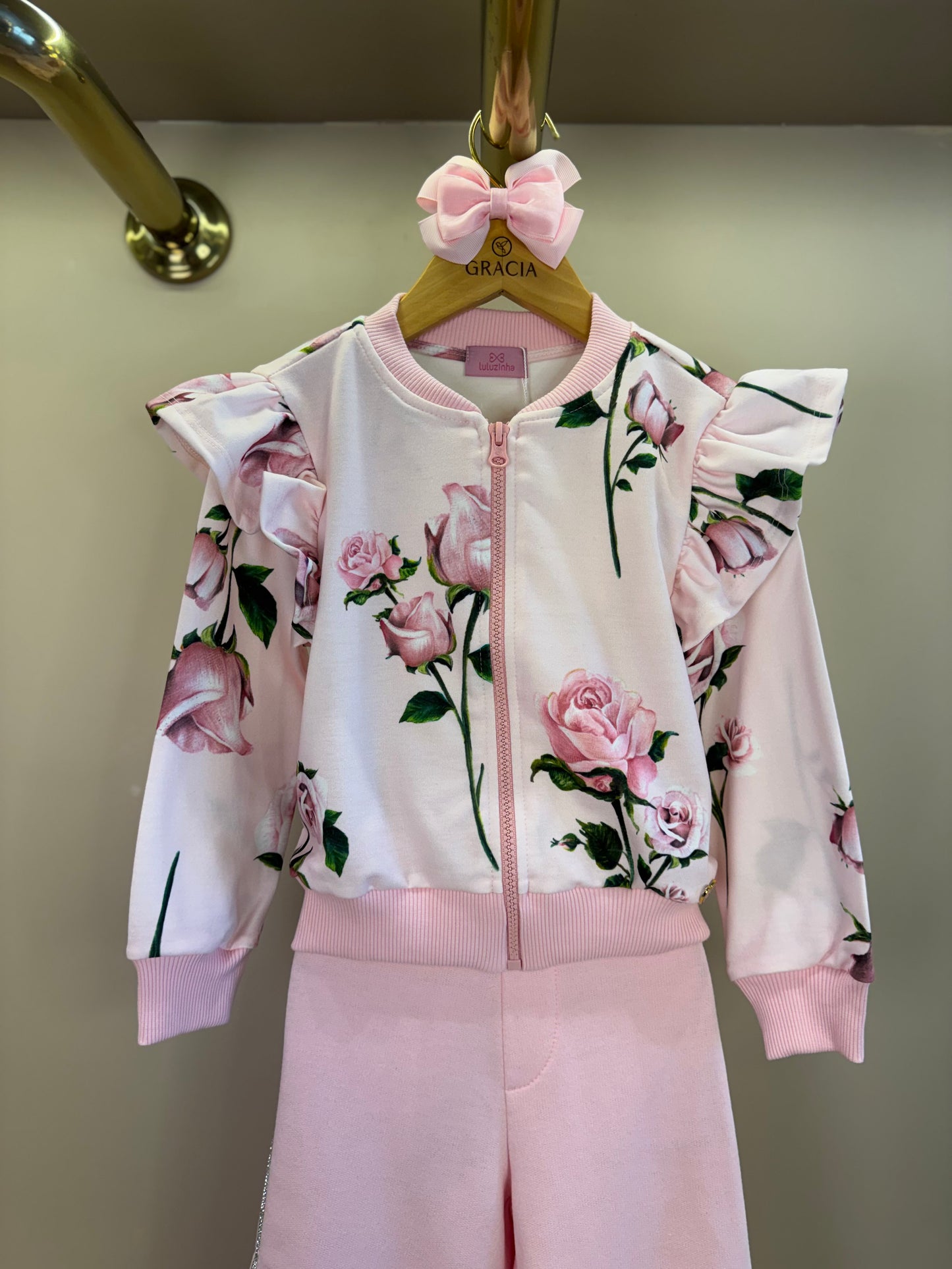 Conjunto Infantil Casaco Moletom Floral Babados e Calça Wide Leg Lateral Glitter Rosa - Luluzinha