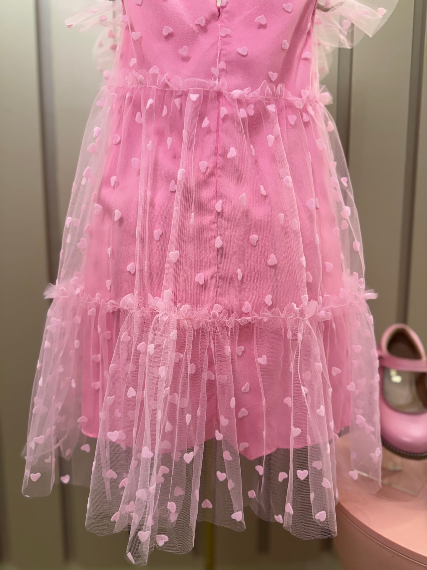Vestido Infantil Trapézio Tule Corações Rosa Balé - Mon Sucré