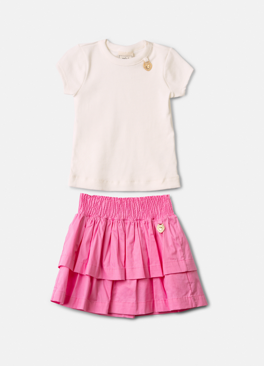 Conjunto Infantil Blusa Off Joia Coração e Saia Babado Rosa - Animê