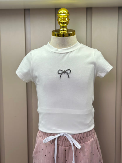 Conjunto Infantil Trio Blusa Lacinho, Casaqueto e Calça Alfaiataria Listrada Strass Rosé - Petit Cherie