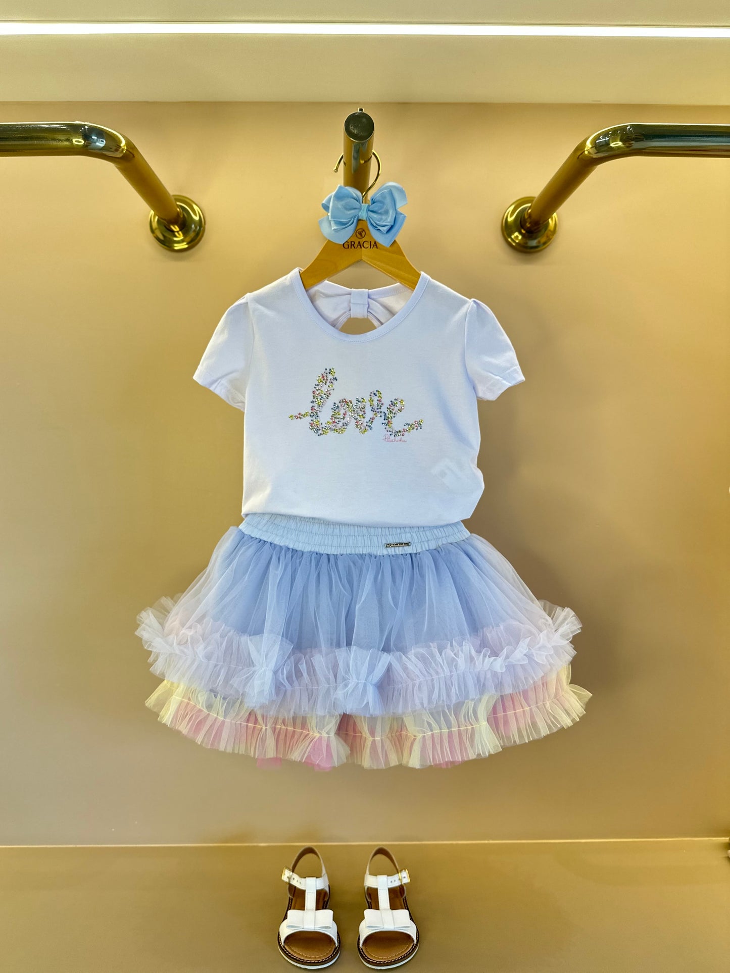 Conjunto Infantil Blusa Algodão Love Floral Cristais e Saia-short Tule Babado Frufru Colorido - Pituchinhus