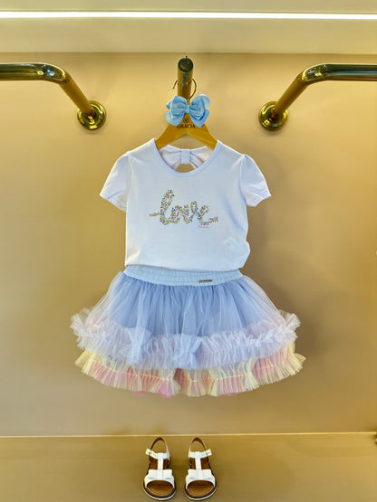 Conjunto Infantil Blusa Algodão Love Floral Cristais e Saia-short Tule Babado Frufru Colorido - Pituchinhus