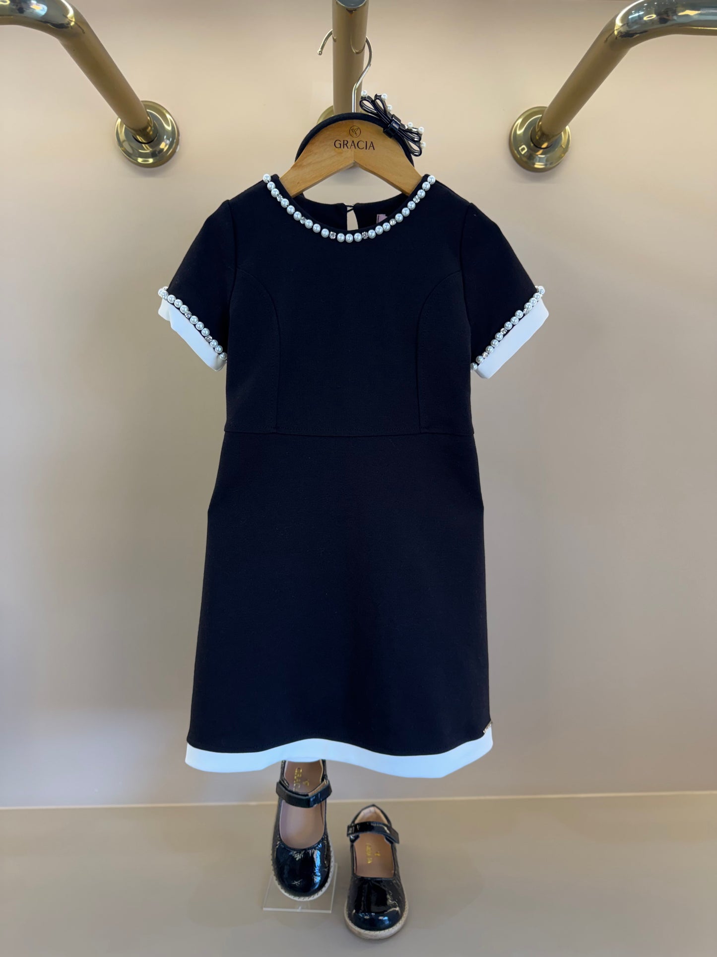 Vestido Infantil Ponto Roma Princesa Bordados Pérolas Preto - Pituchinhus