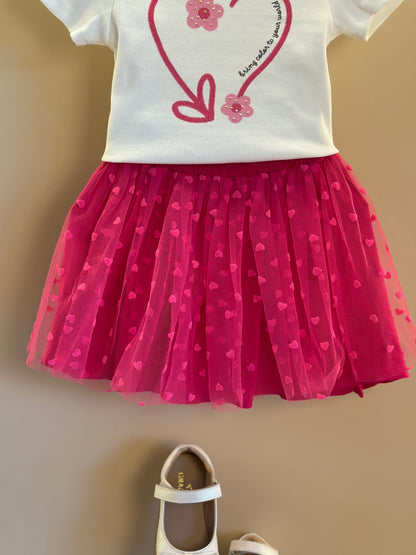 Conjunto Infantil Blusa Estampa Coração e Saia de Tule Corações - Mon Sucre