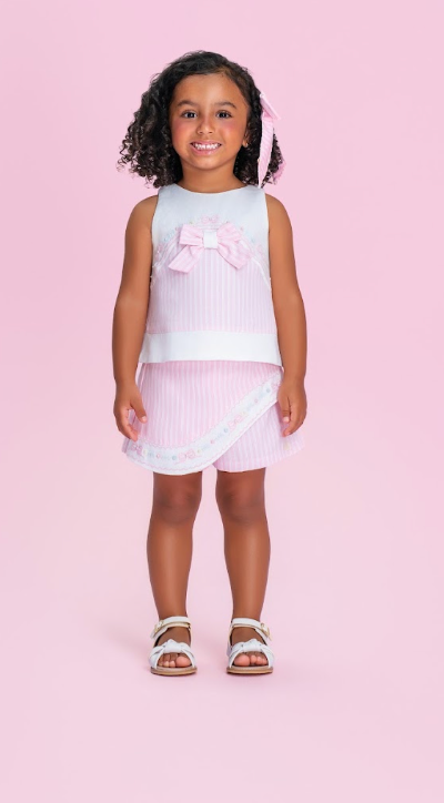 Conjunto Infantil Blusa Laço Pérolas e Shorts Saia Rosa Listrado - Petit Cherie