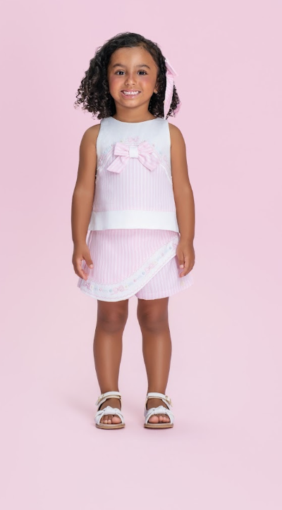 Conjunto Infantil Blusa Laço Pérolas e Shorts Saia Rosa Listrado - Petit Cherie