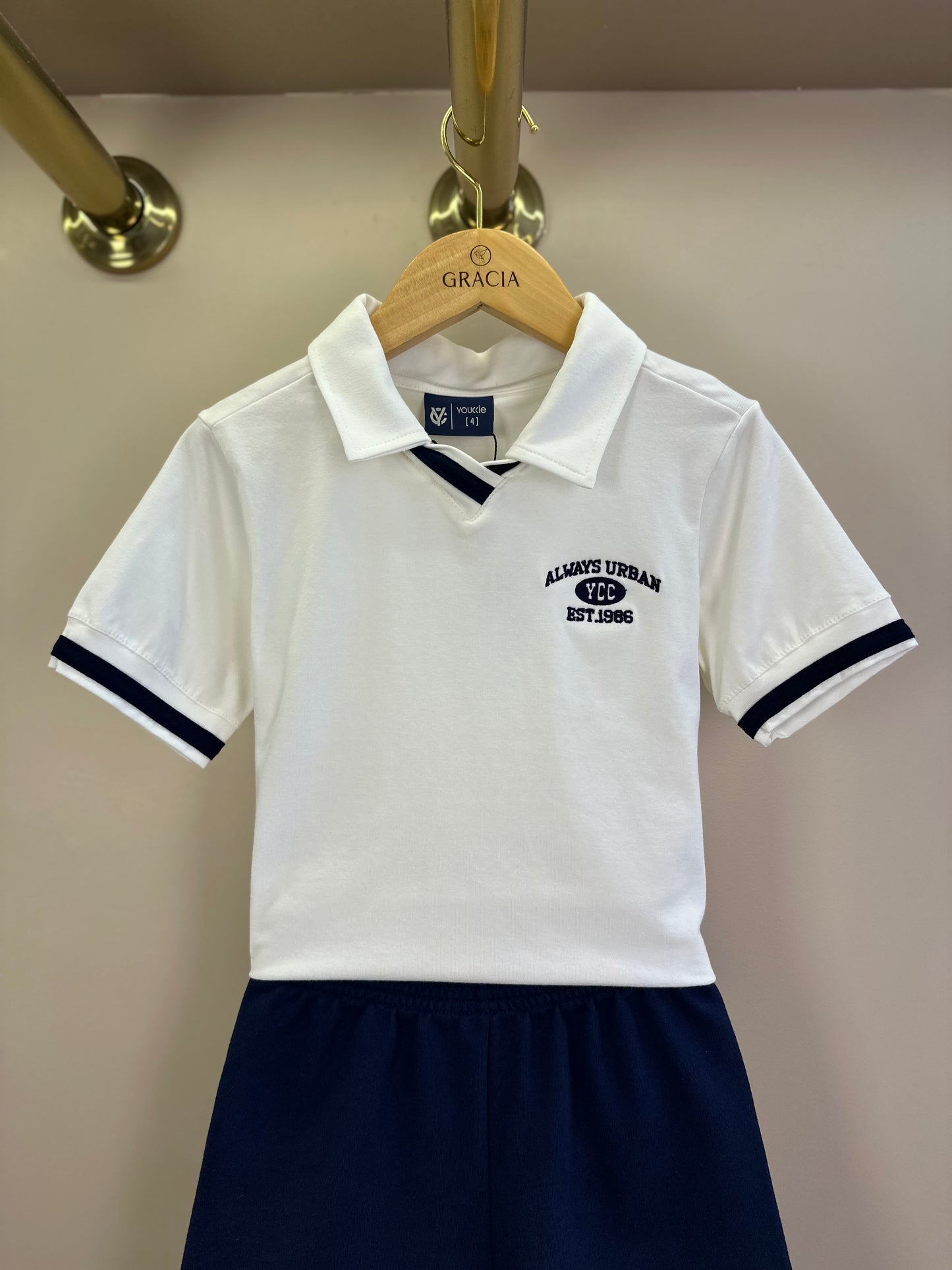 Conjunto Infantil Camisa Polo Branca e Bermuda Azul Marinho - Youccie