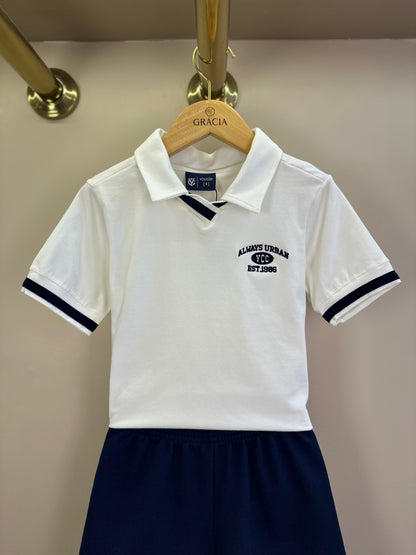 Conjunto Infantil Camisa Polo Branca e Bermuda Azul Marinho - Youccie