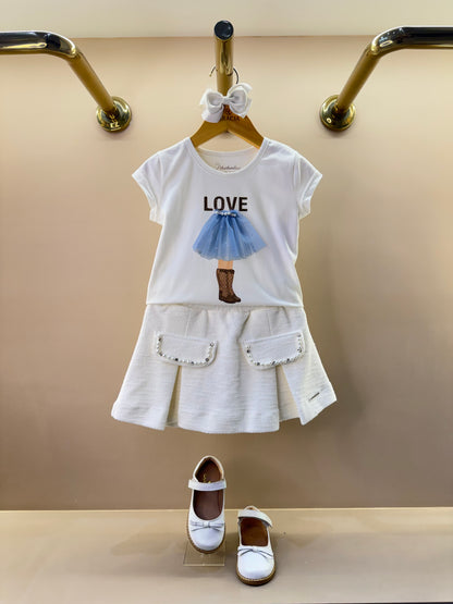 Conjunto Infantil Blusa Cotton Menina Love Off White e Saia-Shorts Bouclé Pérolas - Pituchinhus