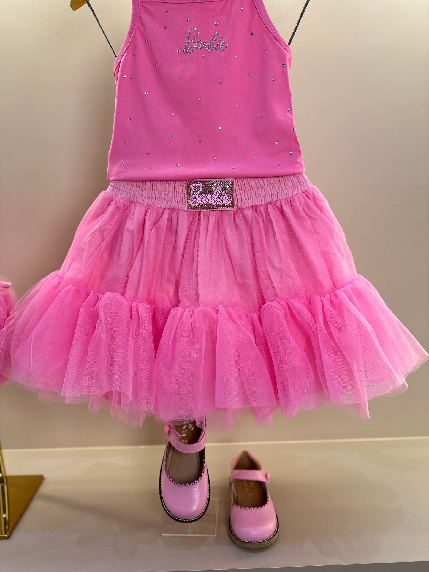 Conjunto Infantil Blusa Light Cristais Barbie e Saia Babados Patche Barbie Rosa Ópera - Pituchinhus