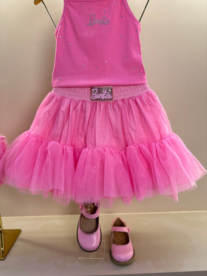 Conjunto Infantil Blusa Light Cristais Barbie e Saia Babados Patche Barbie Rosa Ópera - Pituchinhus