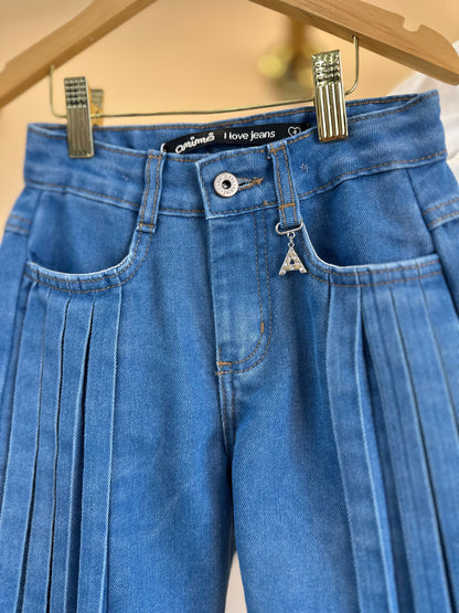 Conjunto Infantil Sobreposição Jeans, Blusa Manga Bufante e Calça Plissada - Animê