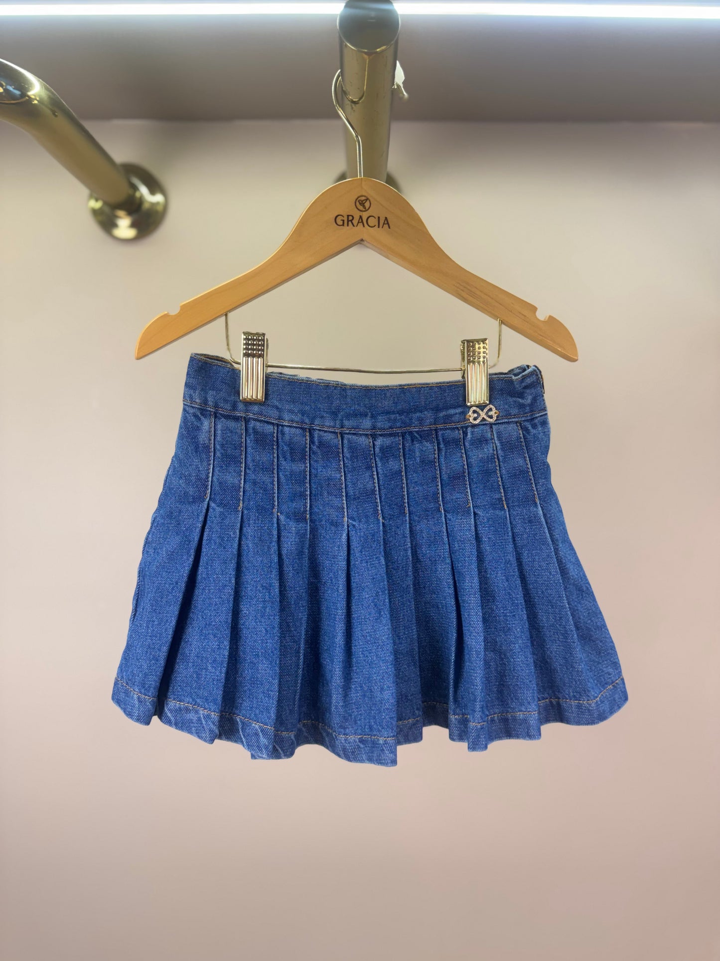 Saia-shorts Infantil Jeans Pochete Laço Pérolas - Luluzinha