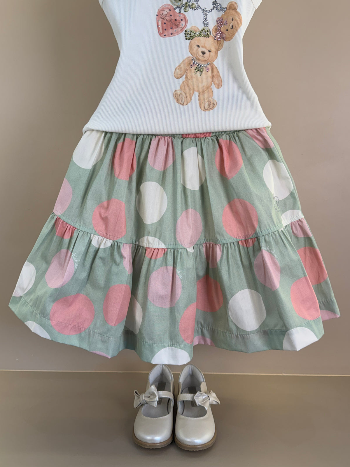 Conjunto Infantil Regata Chaveiro Ursos Cristais e Saia Midi Poá Colorido - Pituchinhus