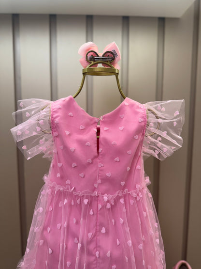 Vestido Infantil Trapézio Tule Corações Rosa Balé - Mon Sucré