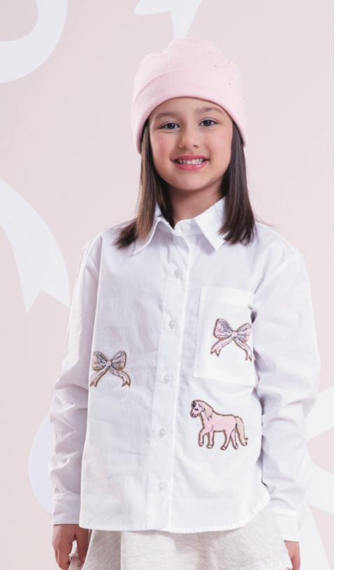 Camisa Infantil Tricoline Ampla Patches Laços e Cavalinho Branca - Pituchinhus