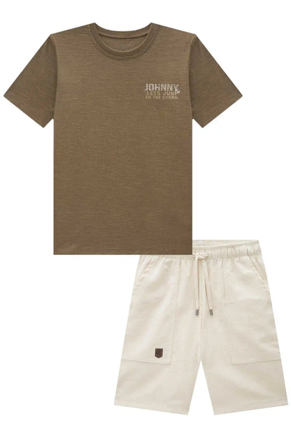 Conjunto Infantil Camiseta Marrom e Bermuda Sarja Off White - Little Johnny